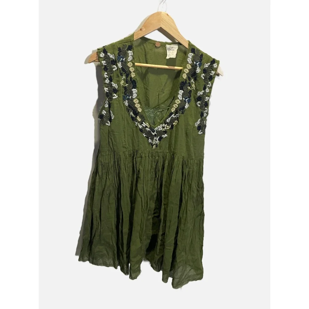 Free People FP One Tunic Dress Women XS Green Embroidered Boho Peplum Sleeveless